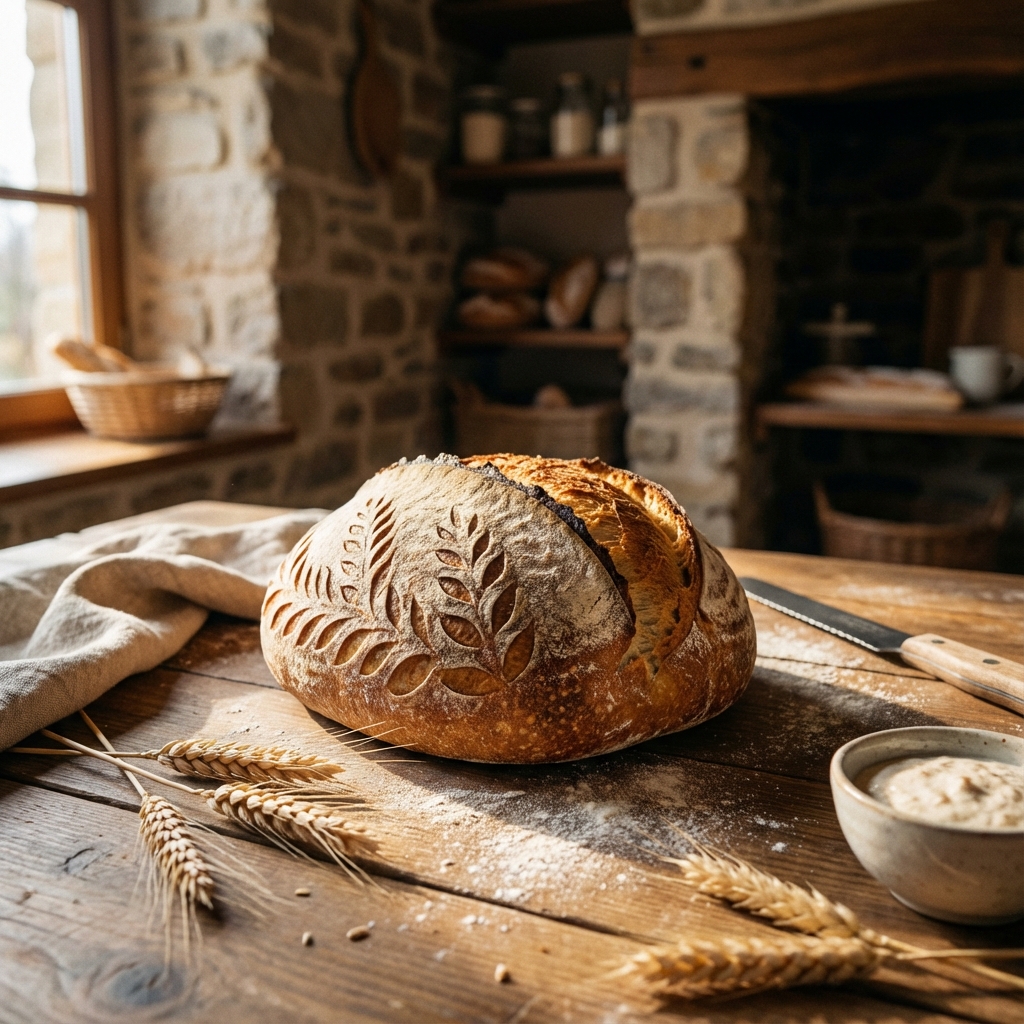 Large artisanal sourdough loaf on a rustic table